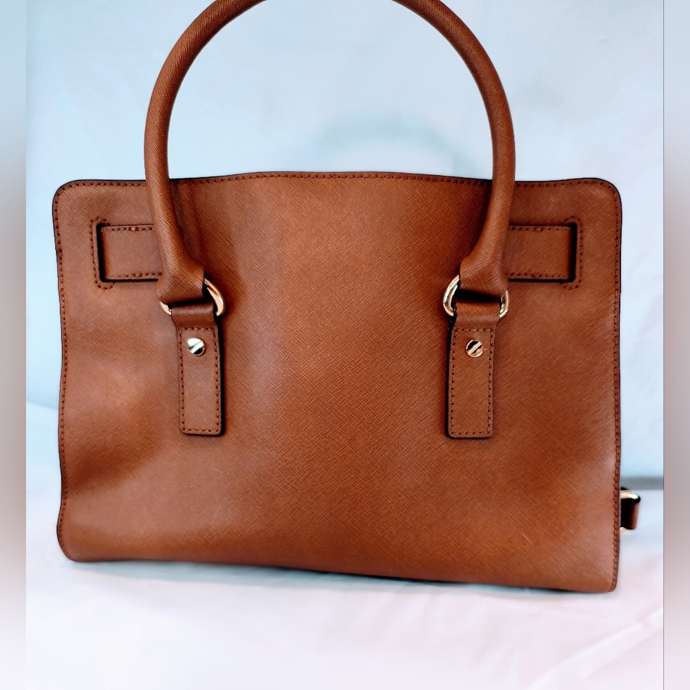 MICHAEL KORS Cognac Hamilton Saffiano Leather Satchel with Gold-Tone Chain Strap - Picture 3 of 16